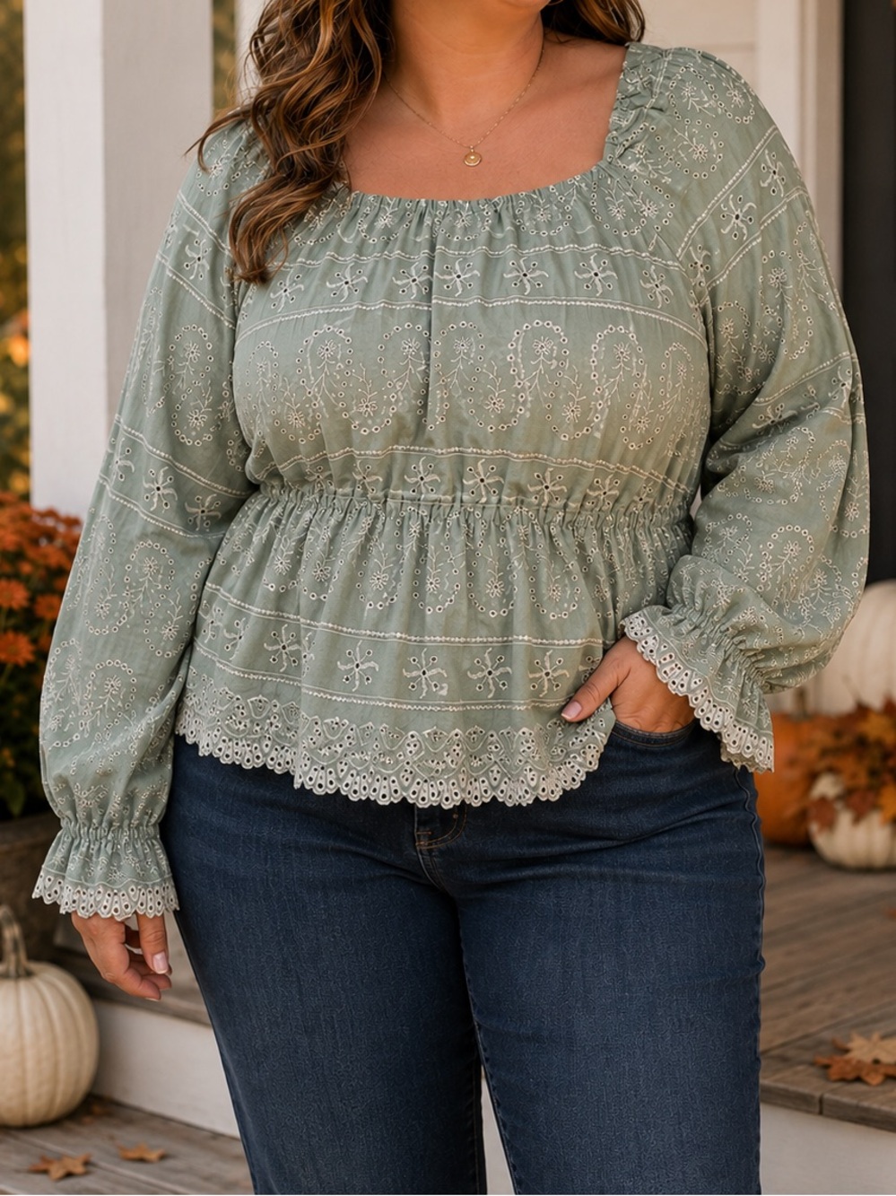 Cato Blouse Sage Green Eyelet Embroidered Peasant Floral square neck XL